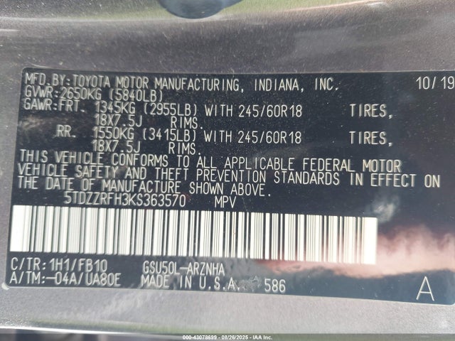 Toyota 2gr-fks 2019 5TDZZRFH3KS363570 Image 9