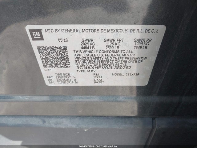 3GNAXHEV0JL380262 Chevrolet lyx - direct injection, vvt, fgt, turbo, alum, gen1