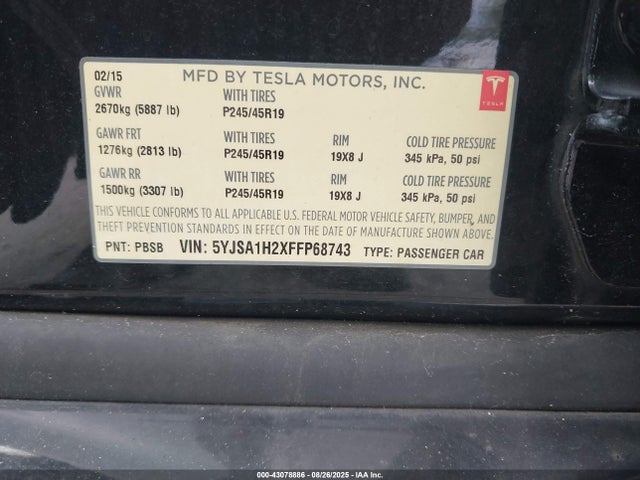 2015 TESLA MODEL S 5YJSA1H2XFFP68743 Photo 8