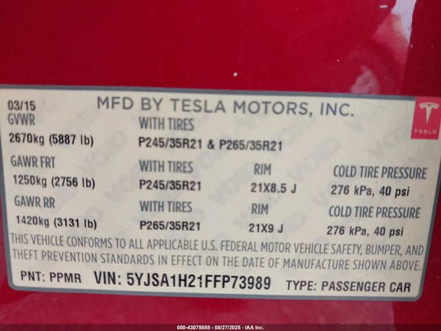 2015 TESLA MODEL S 5YJSA1H21FFP73989 Photo 8