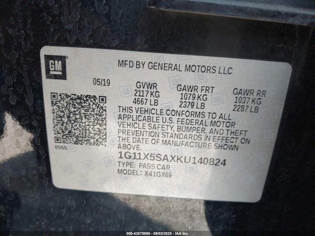 1G11X5SAXKU140824 Chevrolet lcv - spark ignited direct injection, dcvcp, variable valve timing, e85 max, e0-e100, alum