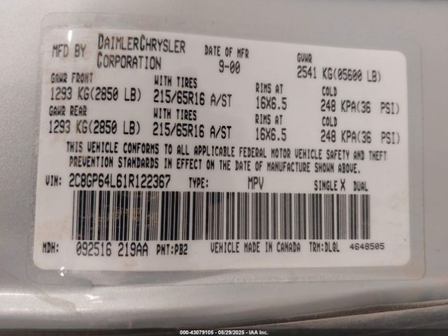 2001 CHRYSLER TOWN & COUNTRY 2C8GP64L61R122367 Photo 8