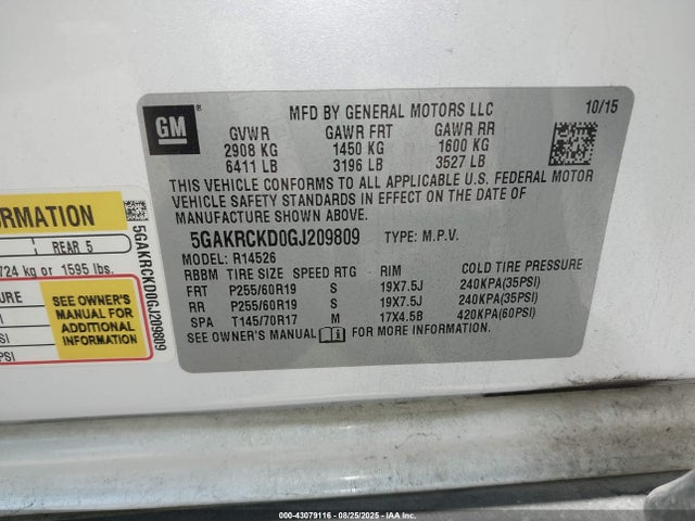 5GAKRCKD0GJ209809 Buick llt - sidi, alum, 60 degrees