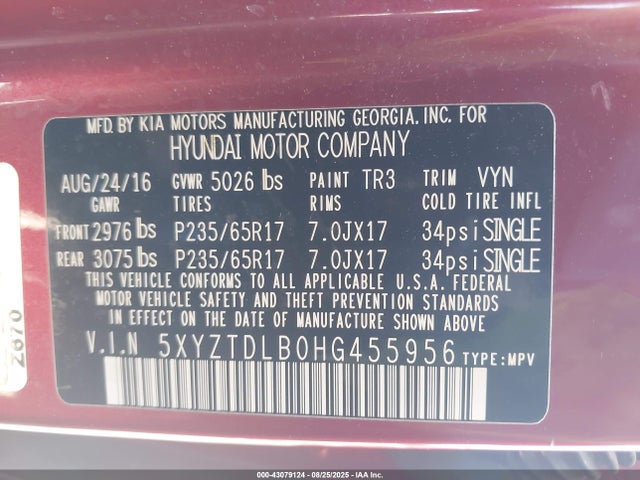 5XYZTDLB0HG455956 Hyundai gdi theta ii