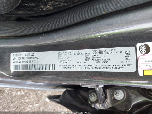 2022 Ram 1500 მანქანა იყიდება აუქციონზე, vin: 1C6RREBT0NN202372, აუქციონის ნომერი: 43079210