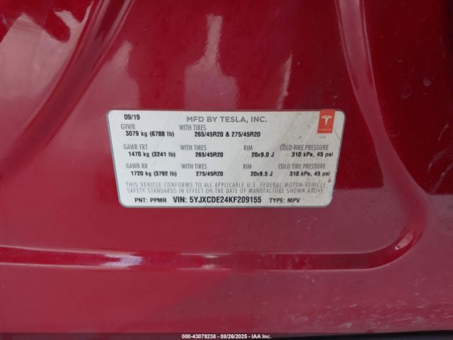 2019 TESLA MODEL X 5YJXCDE24KF209155 Photo 8