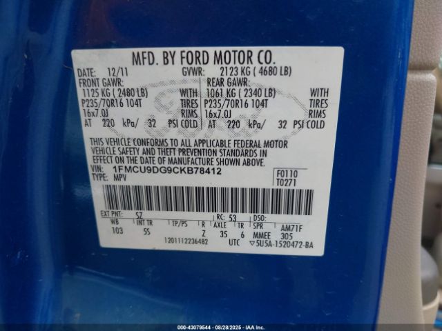 2012 FORD ESCAPE 1FMCU9DG9CKB78412 Photo 8