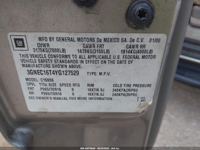 Продажа на аукционе авто 2000 Chevrolet Suburban 1500 Lt, vin: 3GNEC16T4YG127529, номер лота: 43079545