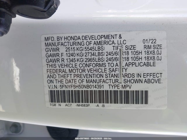 Honda j35y6 2022 5FNYF5H50NB014391 Image 9