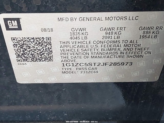 Продажа на аукционе авто 2018 Chevrolet Malibu 1fl, vin: 1G1ZC5ST2JF285973, номер лота: 43079569