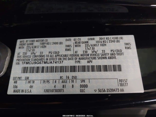 1FMCU9G67MUA74137 Ford ESCAPE SE