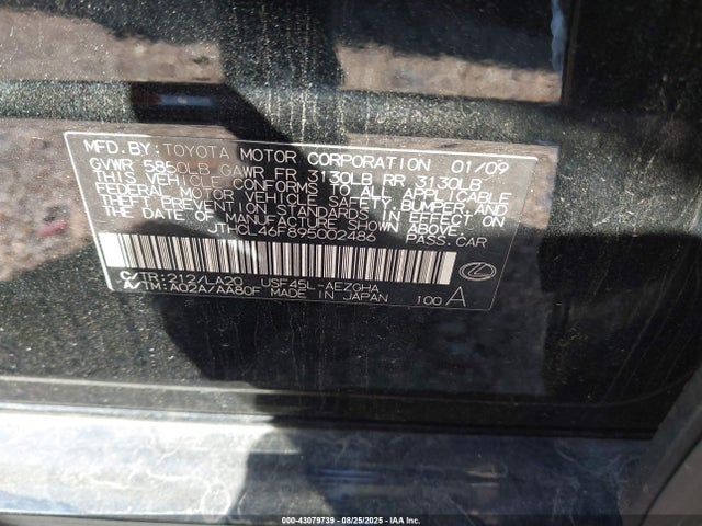 Aukcja sprzedaży 2009 Lexus Ls 460, vin: JTHCL46F895002486, numer aukcji: 43079739