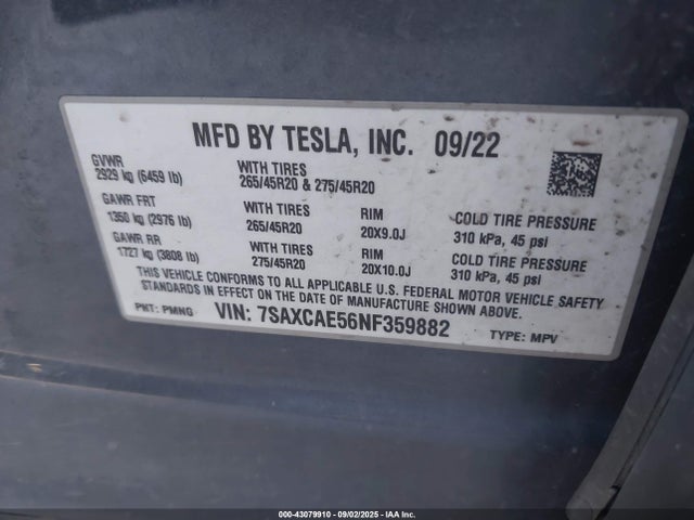 Tesla MODEL X 2022 7SAXCAE56NF359882 Image 9
