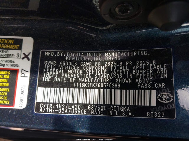 Toyota 2gr-fe 2016 4T1BK1FK7GU570299 Image 9