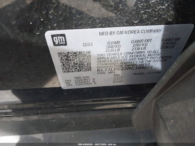2024 Chevrolet Trax Fwd Sp მანქანა იყიდება აუქციონზე, vin: KL77LFE22RC169271, აუქციონის ნომერი: 43080301
