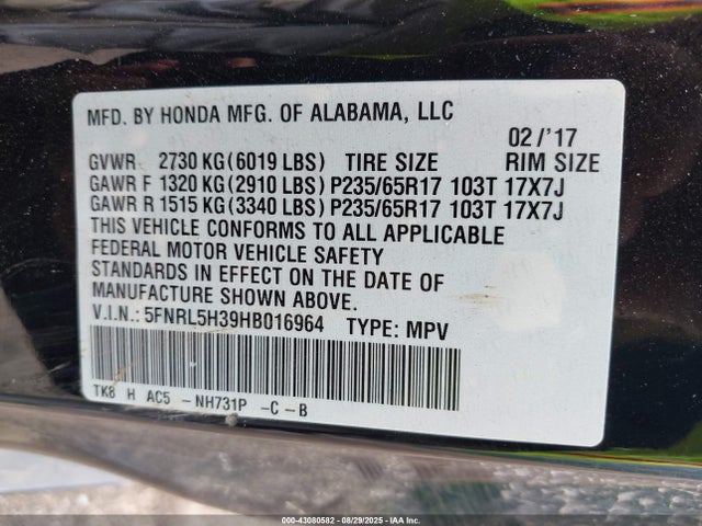 5FNRL5H39HB016964 Honda j35z8