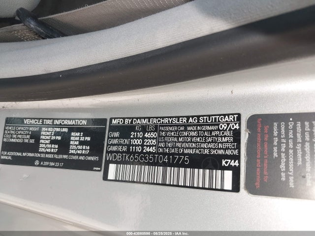43080598 :رقم المزاد ، WDBTK65G35T041775 vin ، 2005 Mercedes-benz Clk 320 مزاد بيع