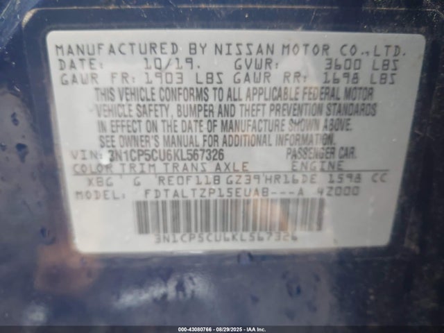 3N1CP5CU6KL567326 Nissan 2019