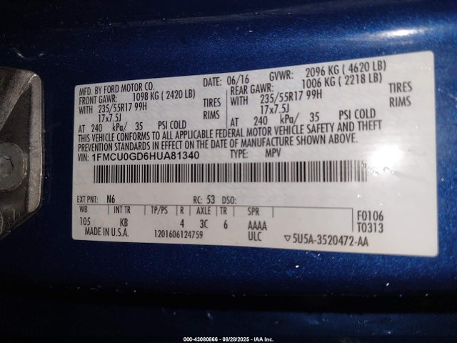 1FMCU0GD6HUA81340 Ford gtdi sigma w/premium fuel