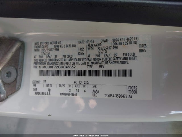 Ford Escape 2016 1FMCU0F72GUC48352 Image 9