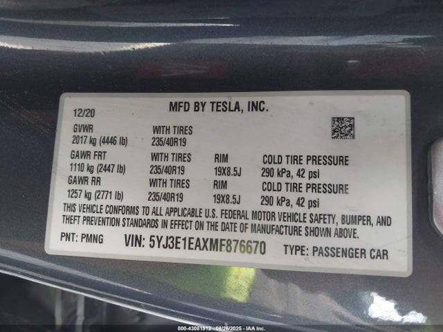 2021 TESLA MODEL 3 5YJ3E1EAXMF876670 Photo 8