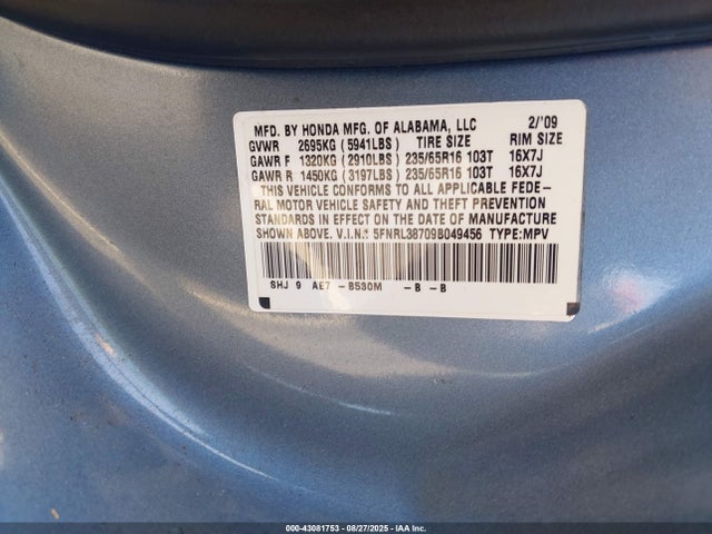 43081753 :رقم المزاد ، 5FNRL38709B049456 vin ، 2009 Honda Odyssey Ex-l مزاد بيع