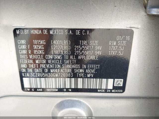 3CZRU5H30GM726983 Honda r18z9