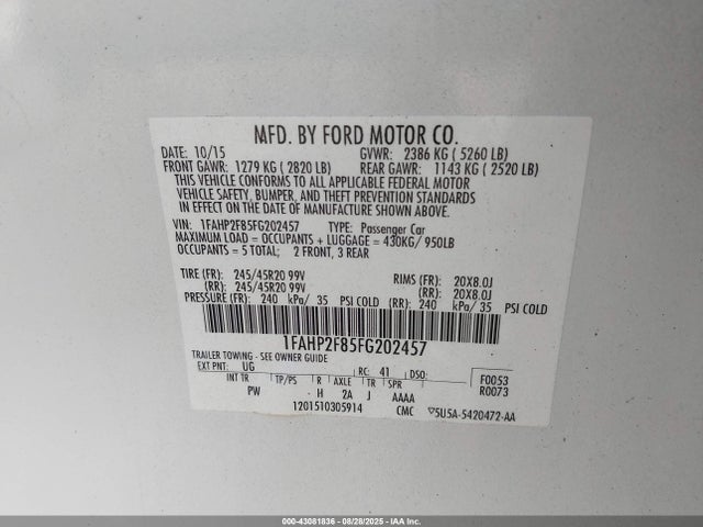 Ford Taurus 2015 1FAHP2F85FG202457 Image 9