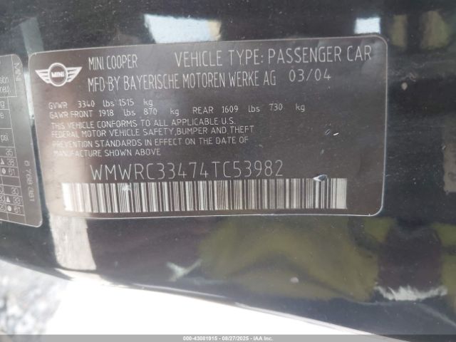 2004 MINI COOPER WMWRC33474TC53982 Photo 8