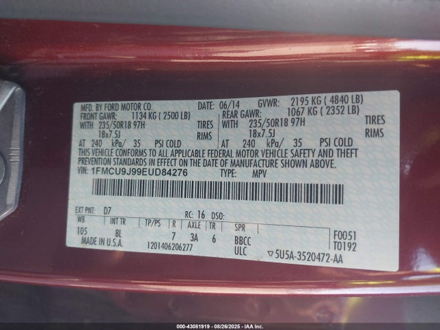Ford 2014 2014 1FMCU9J99EUD84276 Image 9
