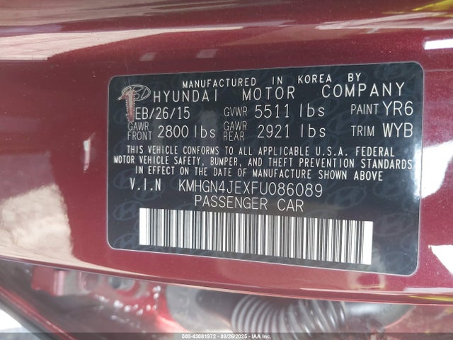 Hyundai gasoline 3.8 dohc mpi lambda 2015 KMHGN4JEXFU086089 Image 9
