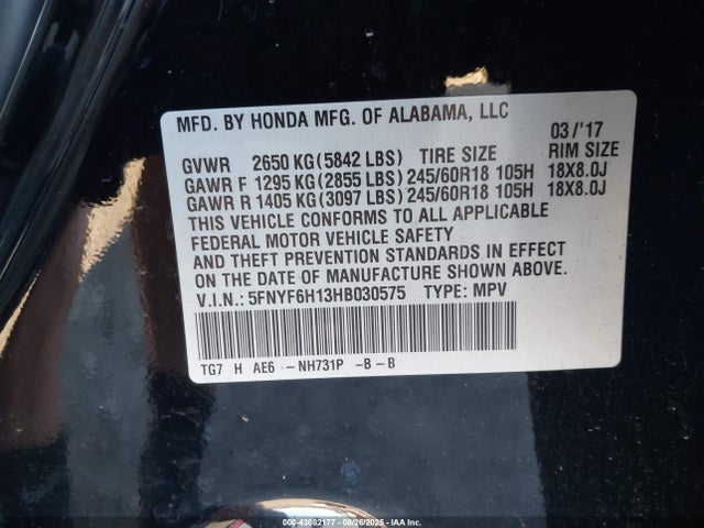 Honda j35y6 2017 5FNYF6H13HB030575 Image 9