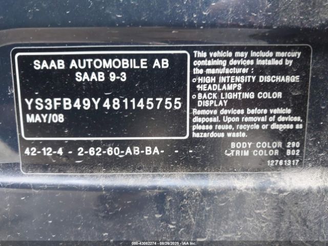 2008 SAAB 9-3 YS3FB49Y481145755 Photo 8