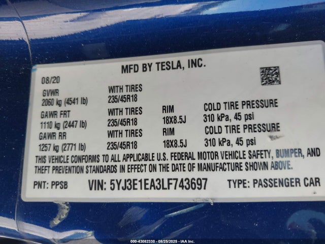 5YJ3E1EA3LF743697 Tesla MODEL 3