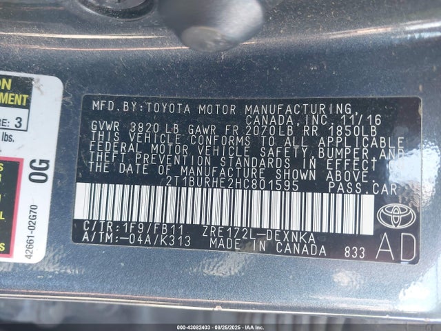 2T1BURHE2HC801595 Toyota 2zr-fe