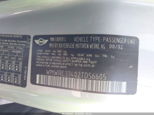 2002 MINI COOPER S WMWRE33402TD56605 Photo 8