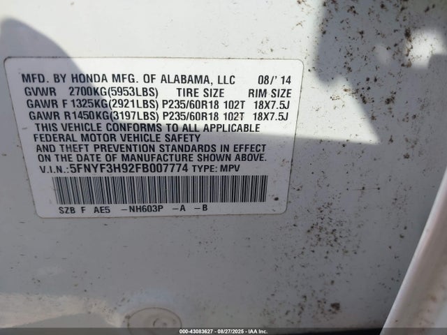 5FNYF3H92FB007774 Honda j35z4