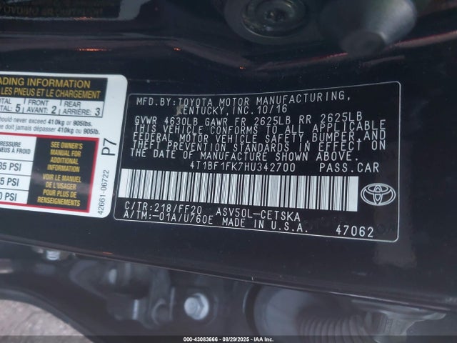 4T1BF1FK7HU342700 Toyota 2ar-fe