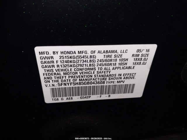 5FNYF5H85GB043608 Honda j35y6