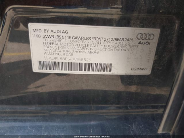 2004 AUDI S4 WAUPL68E54A156525 Photo 8