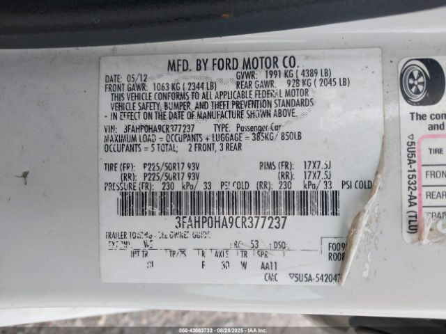 2012 FORD FUSION 3FAHP0HA9CR377237 Photo 8