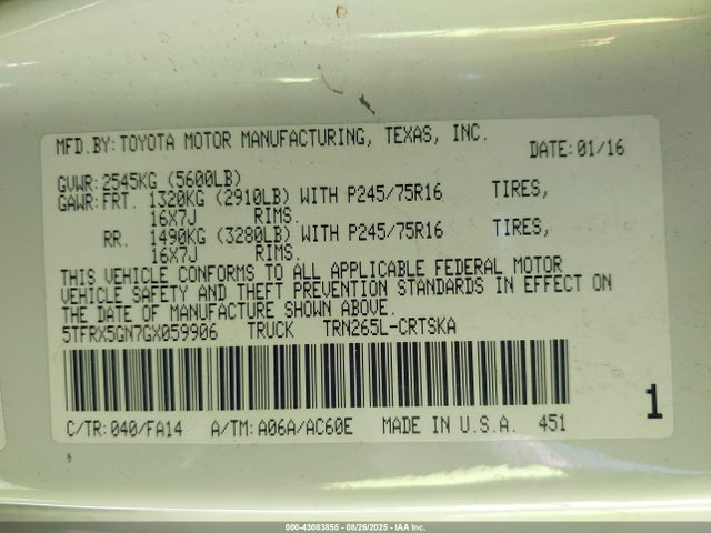 5TFRX5GN7GX059906 Toyota 2tr-fe