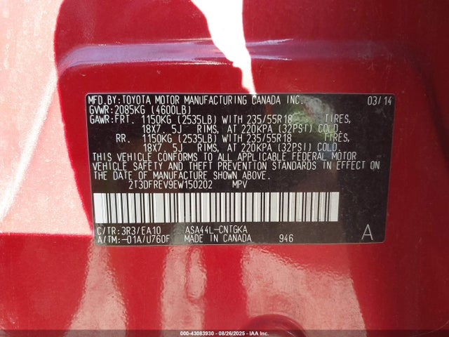 Toyota 2ar-fe 2014 2T3DFREV9EW150202 Image 9