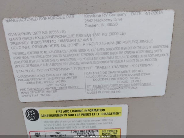 4YDT21727GT410417 Keystone keystone