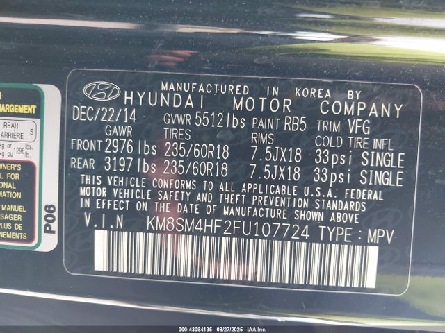 Hyundai dohc gdi lambda ii 2015 KM8SM4HF2FU107724 Image 9