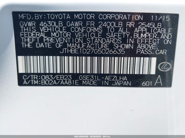 Lexus 2gr-fse 2016 JTHBE1D27G5026635 Image 9