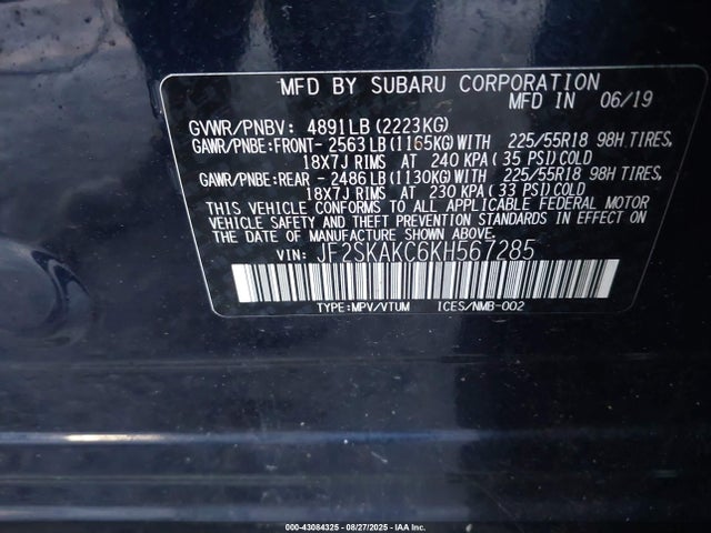 JF2SKAKC6KH567285 Subaru naturally aspirated u5