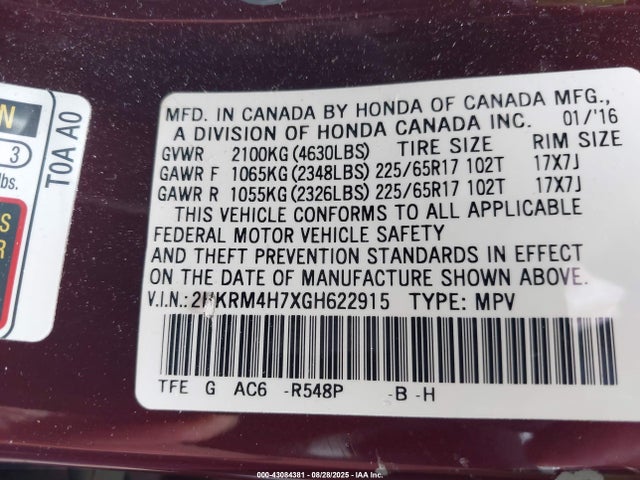 Honda k24w9 2016 2HKRM4H7XGH622915 Image 9