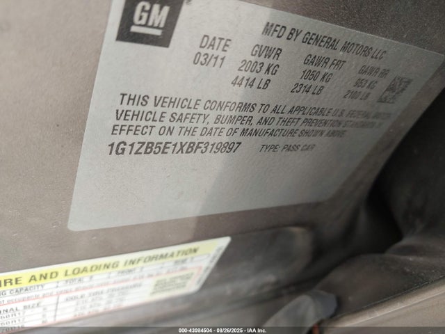 43084504 :رقم المزاد ، 1G1ZB5E1XBF319897 vin ، 2011 Chevrolet Malibu Ls مزاد بيع