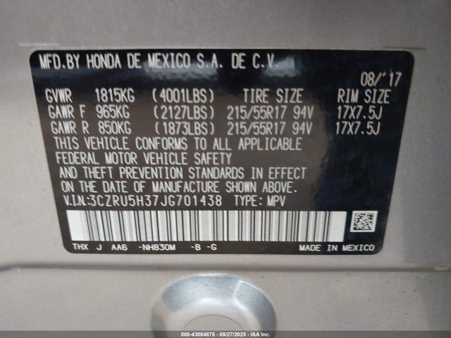 3CZRU5H37JG701438 Honda r18z9